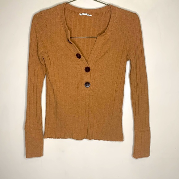We The Free Tops - We The Free | Caramel Tan Long Sleeve Textured Waffle Henley Shirt Brown Buttons
